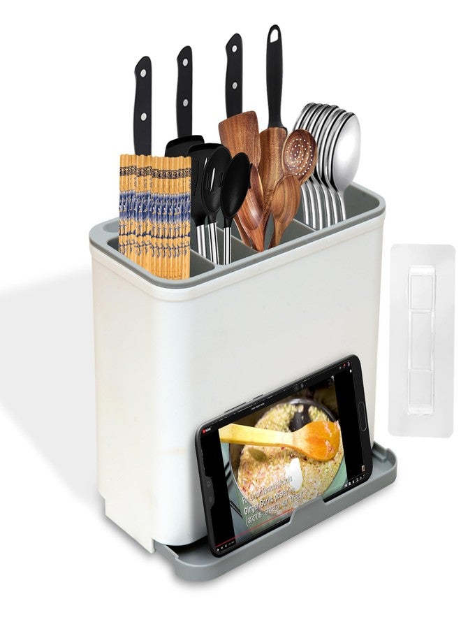 BAREPEPE Self Adhesive Plastic Wall Mounted Kitchen Cutlery Holder, Spoon Holder, Chopstick Holder Organizer Stand (White & Grey) (20*15*10 cm) - Image 1
